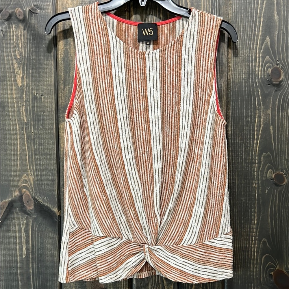 W5 Stripe Knot Front‎ Knit Top Size M Brown Cream Sleeveless Boho Office Neutral